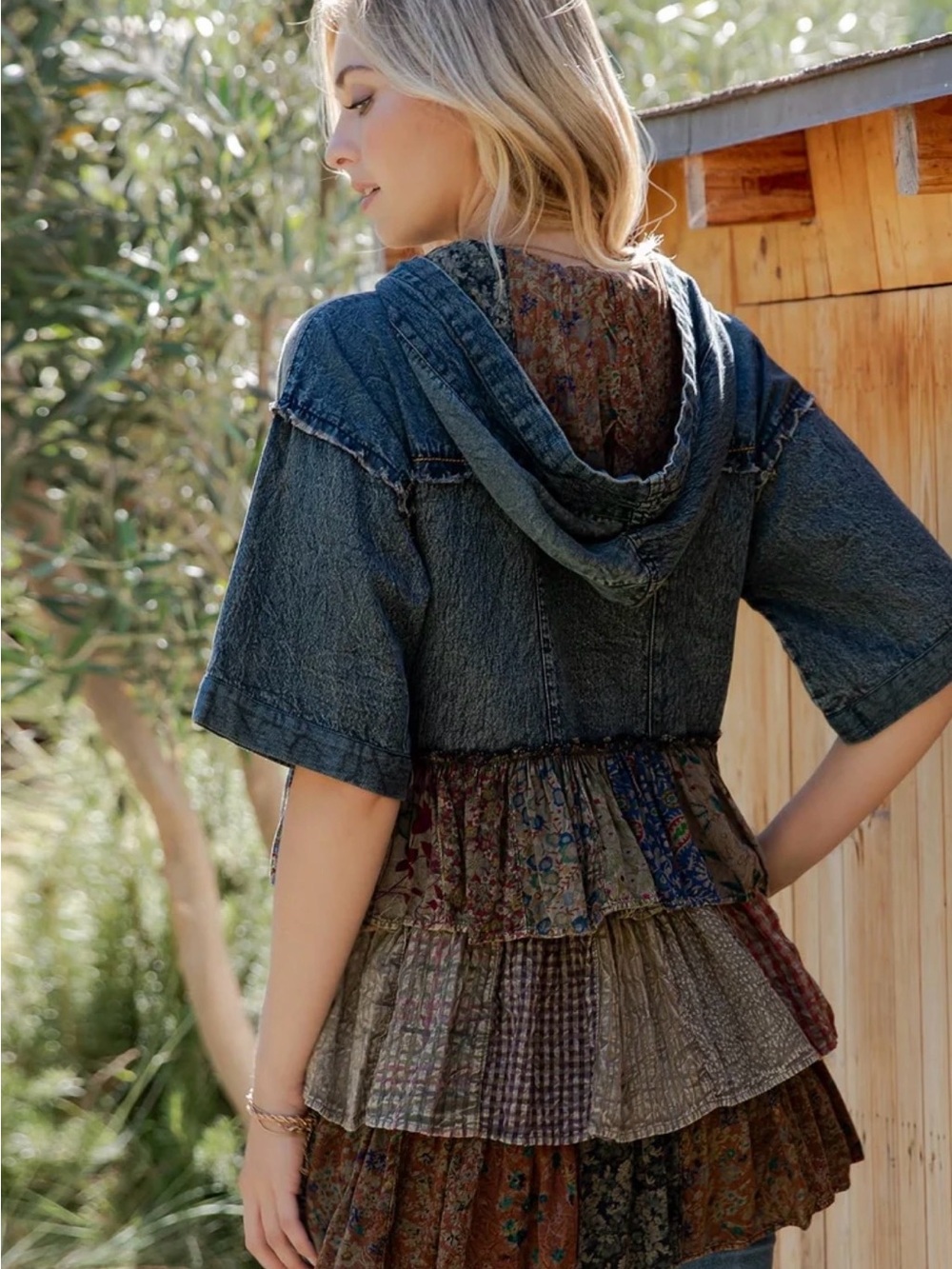 Young Threads NWT Denim Hooded Boho Shirt with Mixed Patchwork Ruffles Size L - Picture 4 of 13